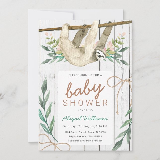 Rustic Woodland Floral Jungle Sloth Baby Shower Invitation (Front)