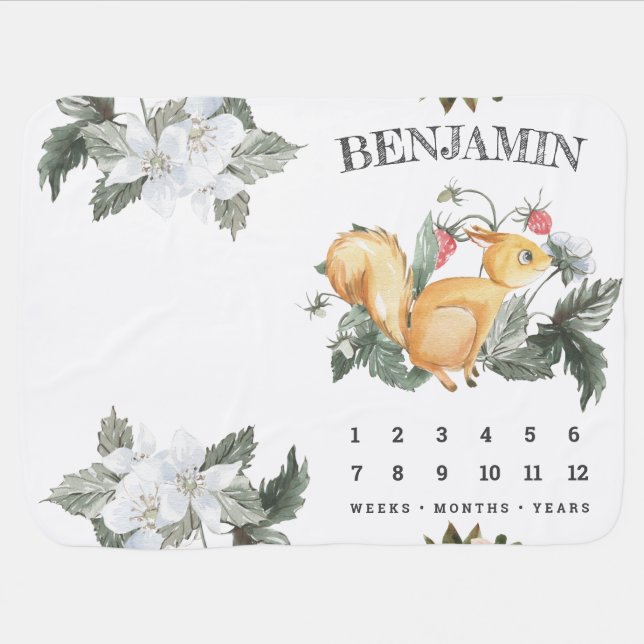 Rustic Woodland Floral Squirrel Milestone Baby Blanket (Horizontal)