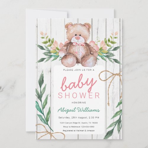 Rustic Woodland Floral Teddy Bear Baby Shower Invitation