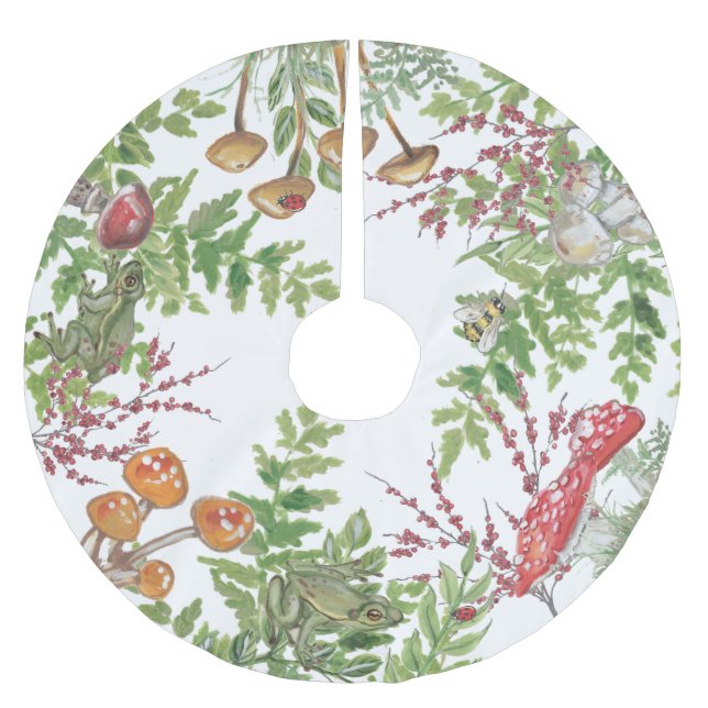 Rustic Woodland Foliage Frog Bee Ladybug Mushroom Brushed Polyester Tree Skirt (Front)