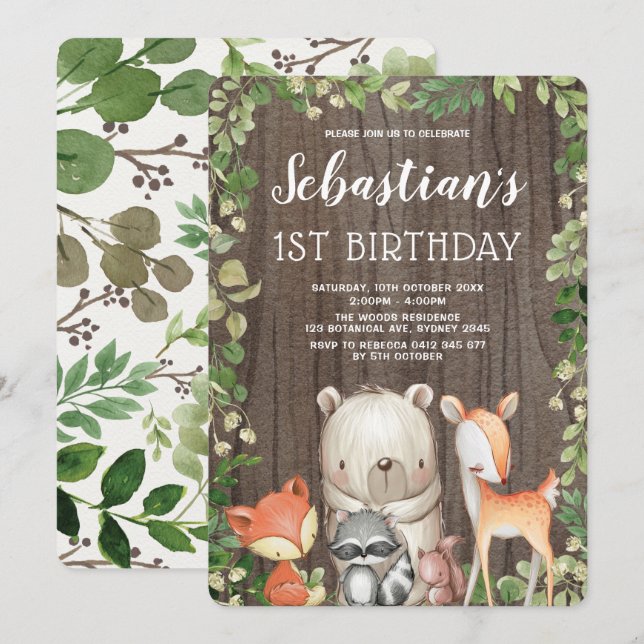 Rustic Woodland Forest Animals 1st Birthday Invitation (Front/Back)