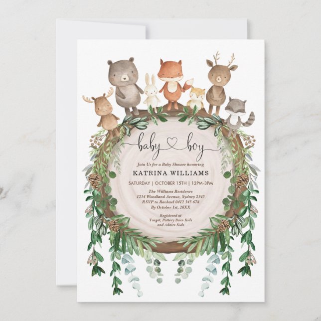 Rustic Woodland Forest Animals Baby Boy Shower Invitation (Front)