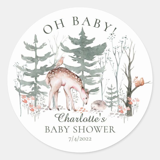 Rustic Woodland Forest Animals Baby Shower  Classi Classic Round Sticker (Front)