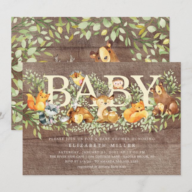 Rustic Woodland Forest Animals Baby Shower Invitation (Front/Back)