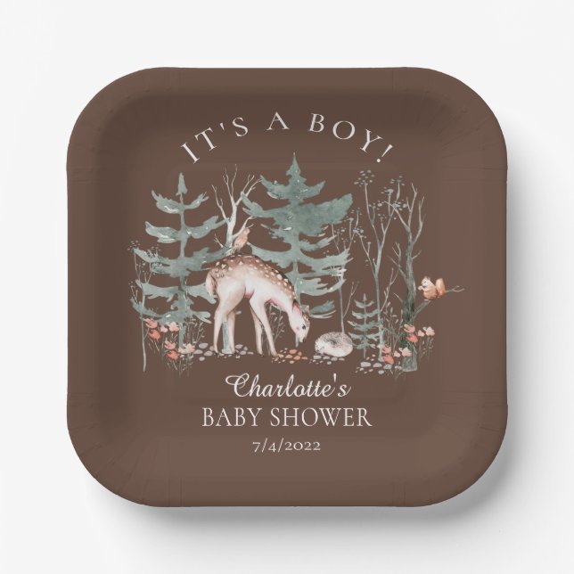 Rustic Woodland Forest Animals Baby Shower Paper Plates (Front)