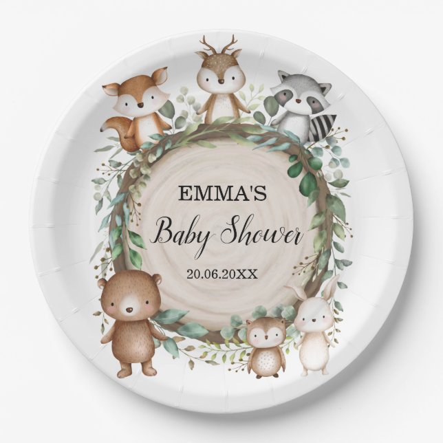 Rustic Woodland Forest Animals Baby Shower Paper Plates (Front)
