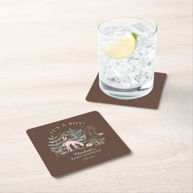 Rustic Woodland Forest Animals Baby Shower Square Paper Coaster (Insitu)