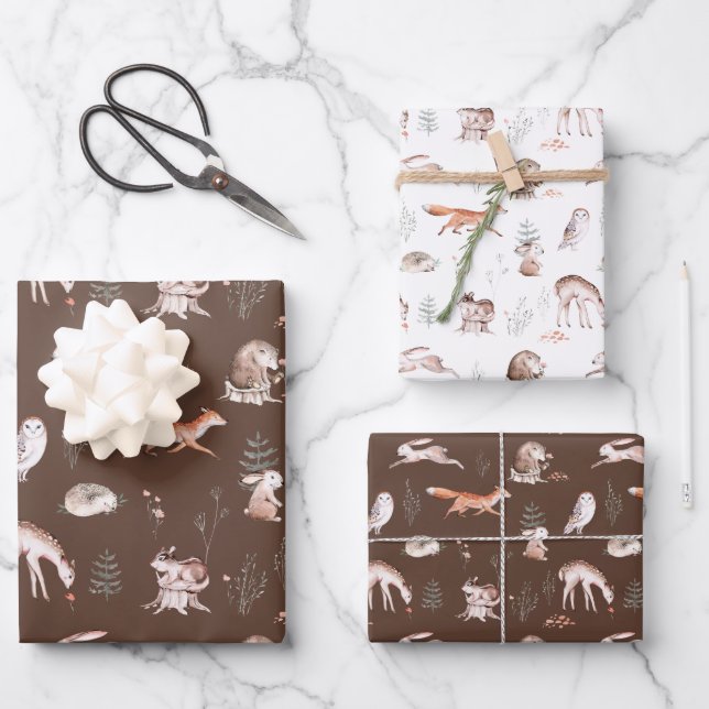 Rustic Woodland Forest Animals Baby Wrapping Paper Sheets (Front)