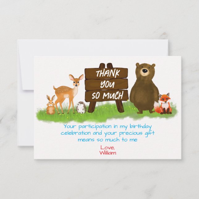 Rustic Woodland Forest Animals Birthday  Thank You Card (Front)
