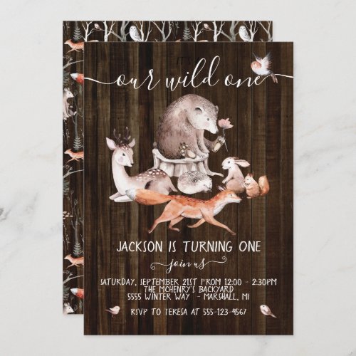 Rustic Woodland Forest Animals Wild One Birthday Invitation