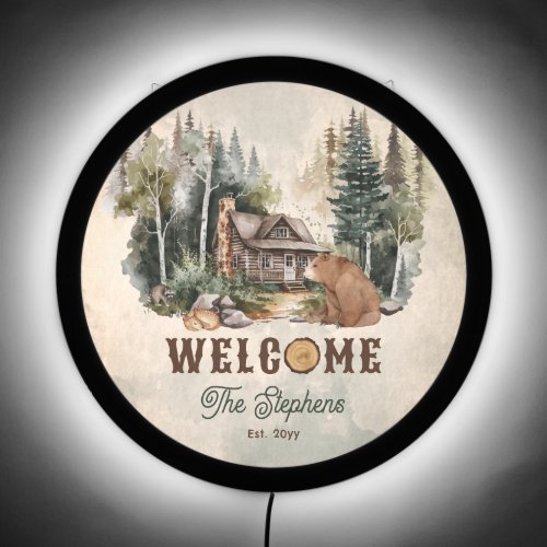 Rustic Woodland Forest Bear Family Name Welcome LED Sign