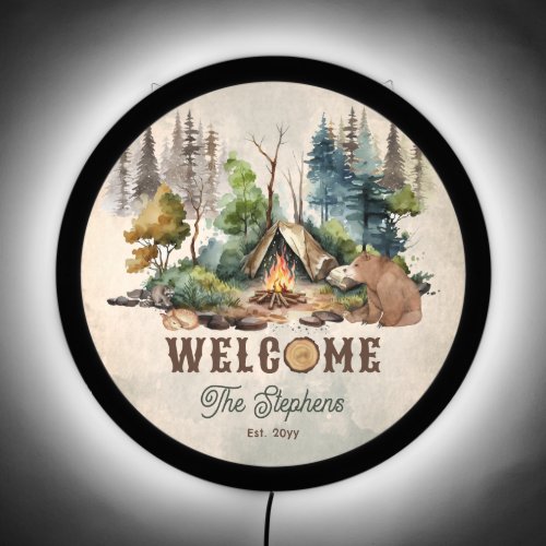Rustic Woodland Forest Bear Family Name Welcome LED Sign