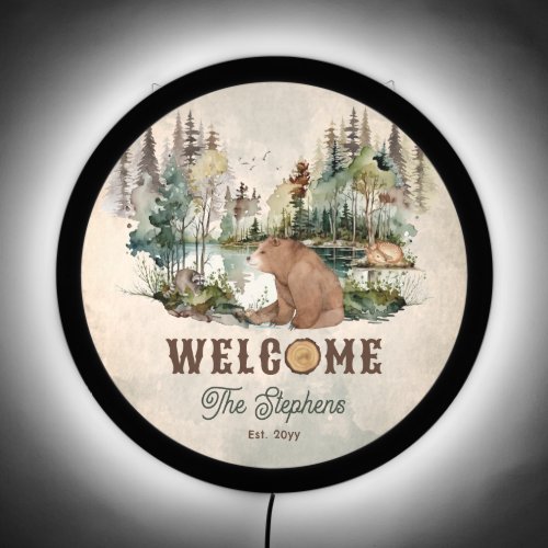 Rustic Woodland Forest Bear Family Name Welcome LED Sign