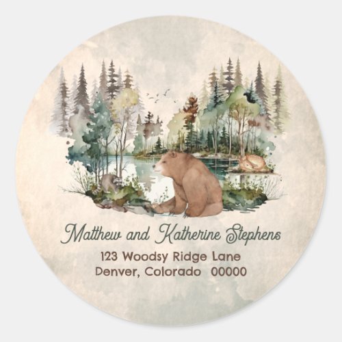 Rustic Woodland Forest Bear Return Address Classic Round Sticker