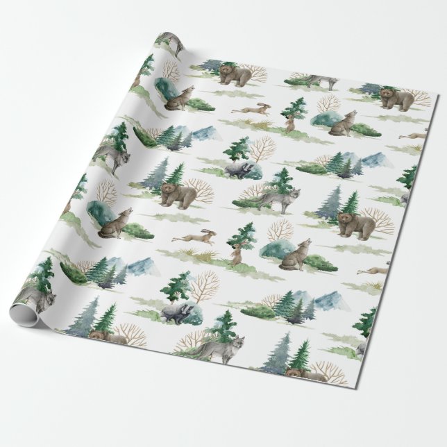 Rustic Woodland Forest Bear Wolf Hare Badger Gift Wrapping Paper (Unrolled)