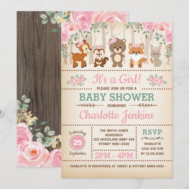 Rustic Woodland Forest Blush Flowers Baby Shower Invitation (Front/Back)