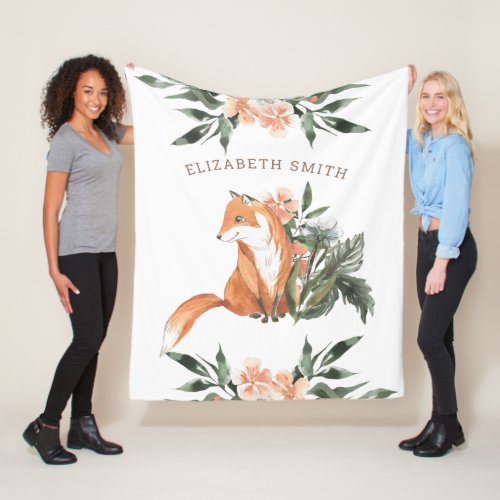 Rustic Woodland Forest Cute Floral Fox Fleece Blanket