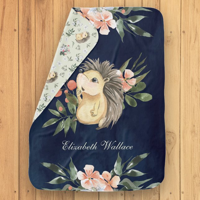 Rustic Woodland Forest Cute Hedgehog Navy Blue Baby Blanket (Creator Uploaded)
