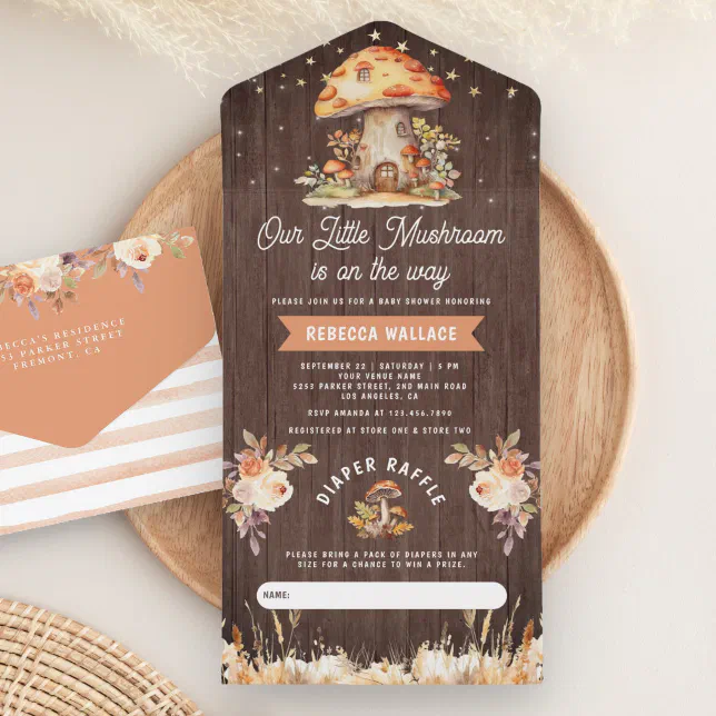 Rustic Woodland Forest Mushroom Wood Baby Shower All In One Invitation