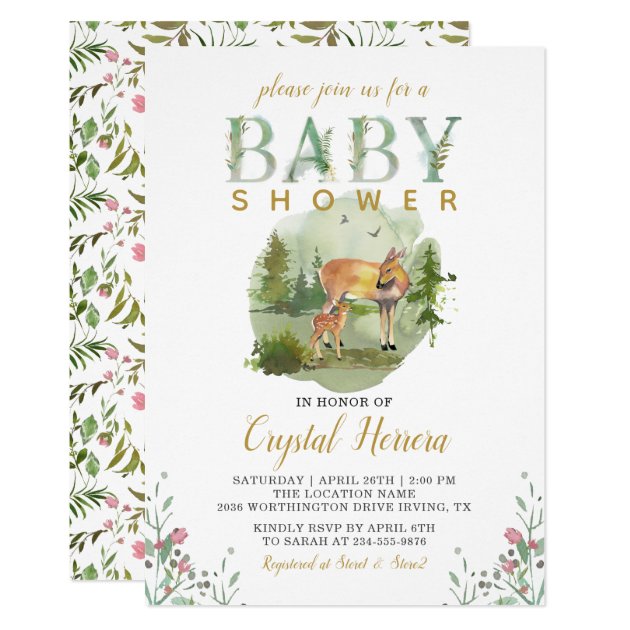 Rustic Woodland Forest Watercolor Deer Baby Shower Invitation