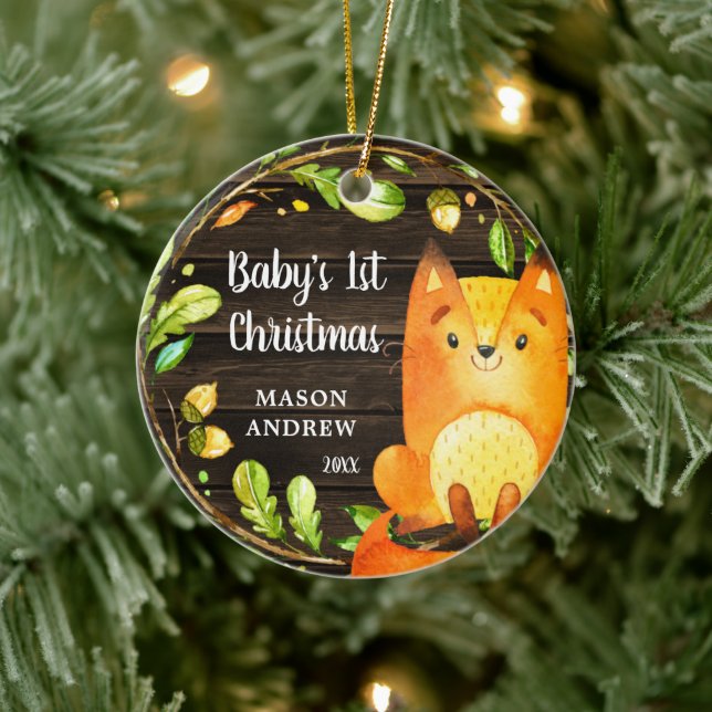 Rustic Woodland Fox Baby's First Christmas Ceramic Ornament (Tree)