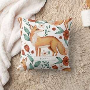Rustic Woodland Fox Floral Forest Pattern Throw Pillow