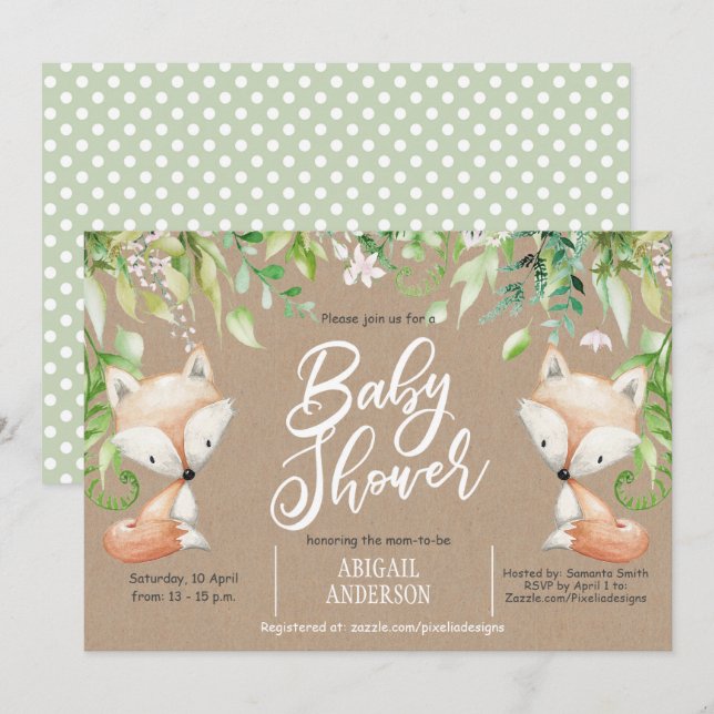 Rustic, Woodland fox, Greenery, baby Boy Shower Invitation (Front/Back)