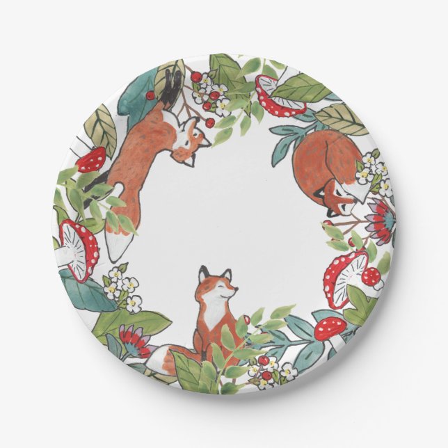Rustic Woodland Fox Mushroom Berry Leaves Paper Plates (Front)