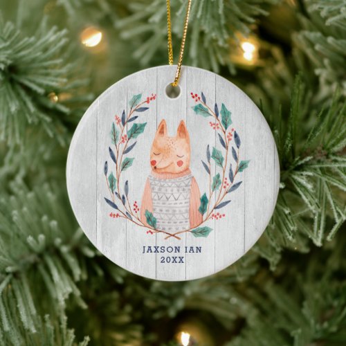 Rustic Woodland Fox Personalized Kids Christmas Ceramic Ornament