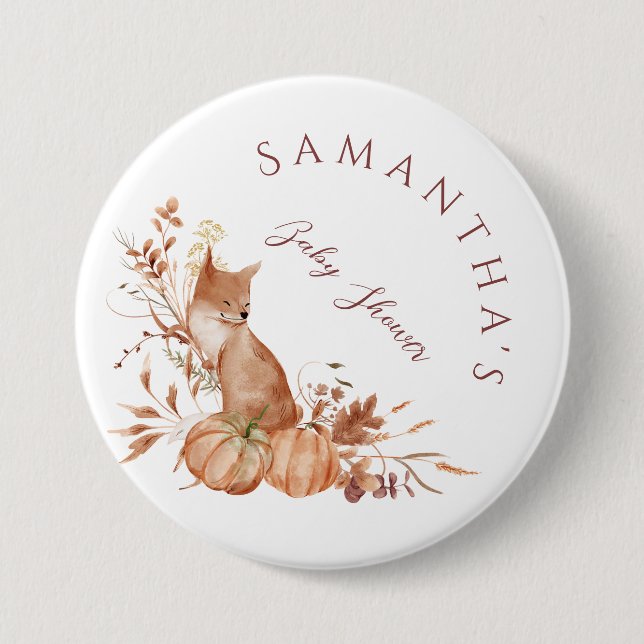 Rustic Woodland Fox Pumpkin Baby Shower Button (Front)