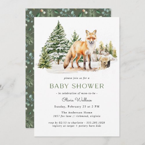 Rustic Woodland Fox  Winter Forest Baby Shower Invitation