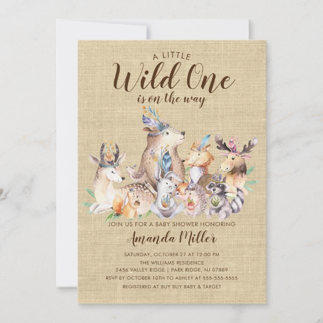 Rustic Woodland Friends Wild One Baby Shower Invitation (Front)
