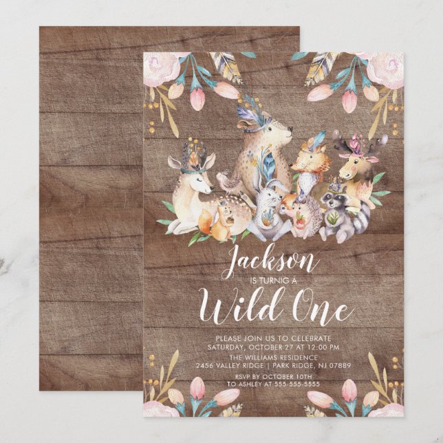 Rustic Woodland Friends Wild One Birthday Party Invitation (Front/Back)