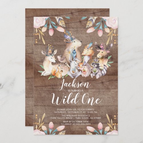 Rustic Woodland Friends Wild One Birthday Party Invitation