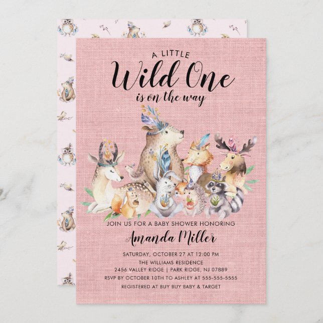 Rustic Woodland Friends Wild One Girls Baby Shower Invitation (Front/Back)