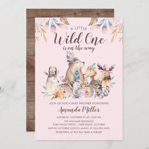 Rustic Woodland Friends Wild One Girls Baby Shower Invitation