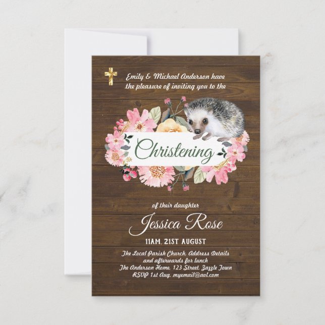 Rustic Woodland Girls Christening Invite Baptism  (Front)