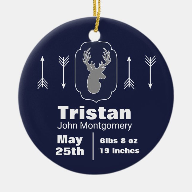 Rustic Woodland Gray Deer & Navy Photo Ceramic Ornament (Front)