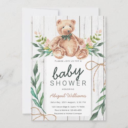 Rustic Woodland Green Teddy Bear Baby Shower Invitation