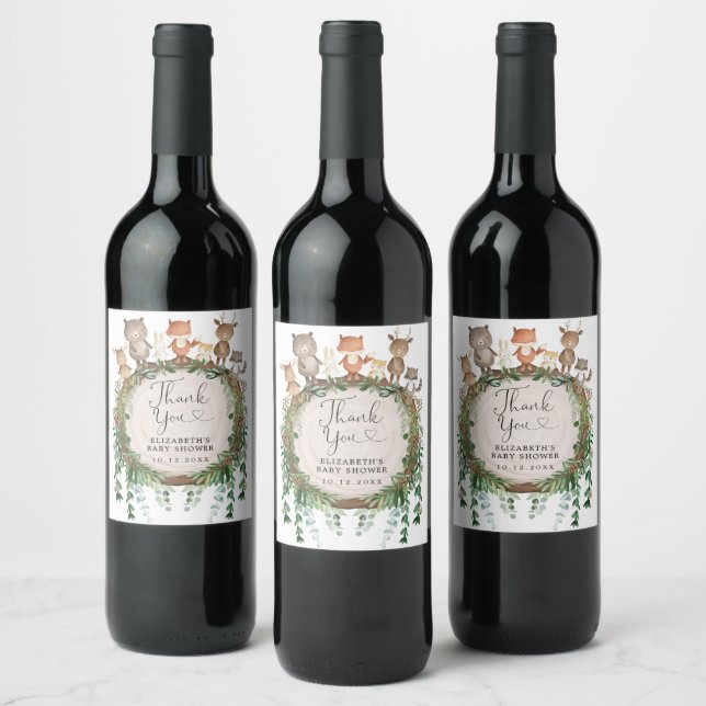 Rustic Woodland Greenery Animals Baby Favors Wine Label (Bottles)