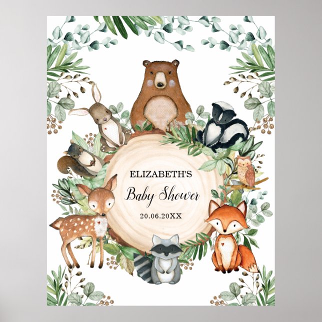 Rustic Woodland Greenery Animals Baby Shower Poster (Front)
