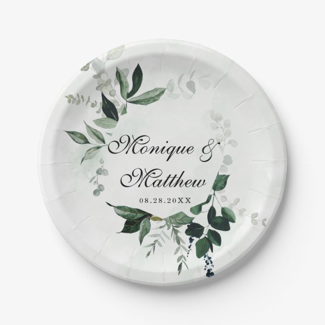 Rustic Woodland Greenery Eucalyptus Wedding Paper Plates (Front)