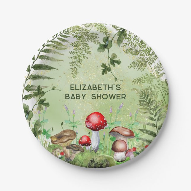 Rustic Woodland Greenery Mushrooms Fungi Ferns Paper Plates (Front)
