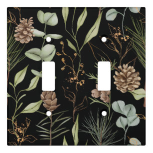 Rustic Woodland Greenery & Pinecones on Black Light Switch Cover