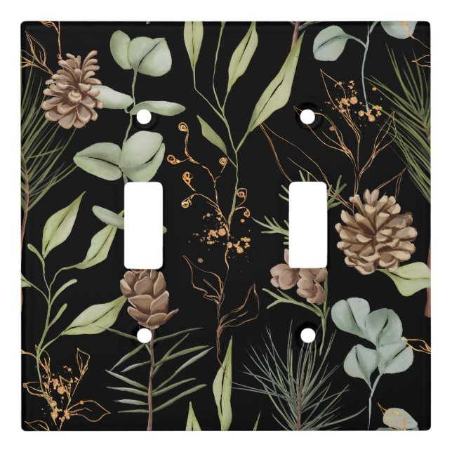 Rustic Woodland Greenery & Pinecones on Black Light Switch Cover (Front)