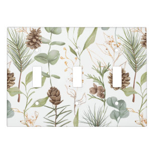 Rustic Woodland Greenery & Pinecones on White Light Switch Cover