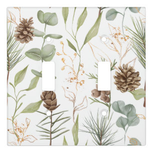 Rustic Woodland Greenery & Pinecones on White Light Switch Cover