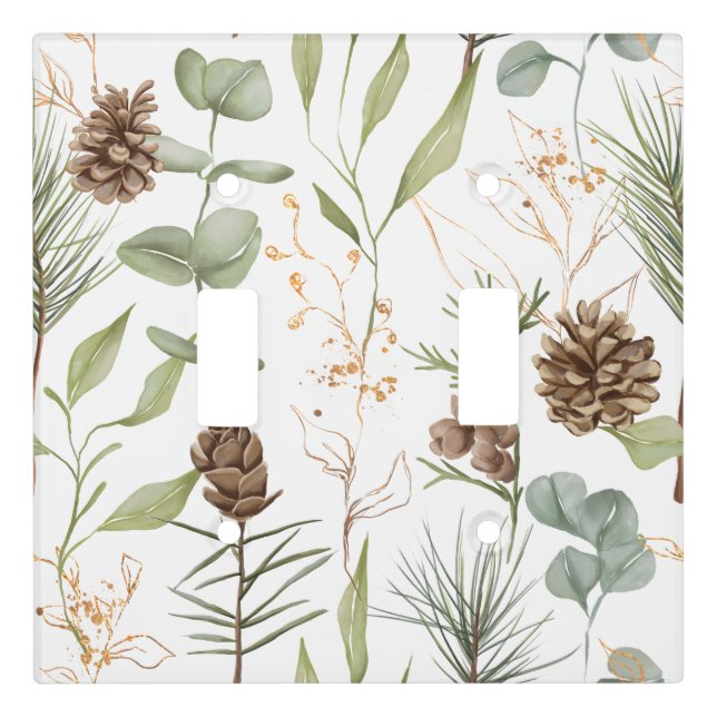 Rustic Woodland Greenery & Pinecones on White Light Switch Cover (Front)