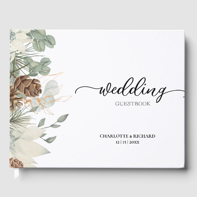 Rustic Woodland Greenery & Pinecones Wedding Guest Book (Front)