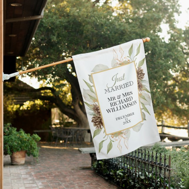 Rustic Woodland Greens  JUST MARRIED Wedding  House Flag (In SItu)